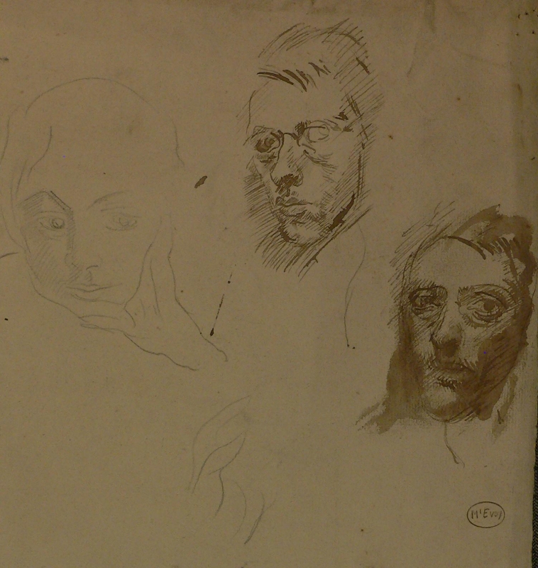 Recto: Self-portrait pen & ink sketches, V self portrait pencil sketch 387ch